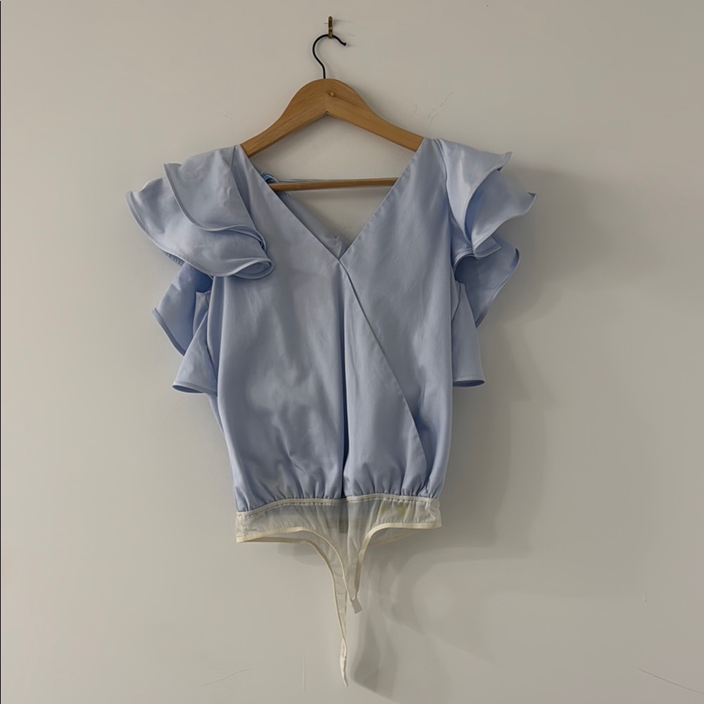 Blue Flutter Sleeve Crop Blouse with Ruffled Tie Front